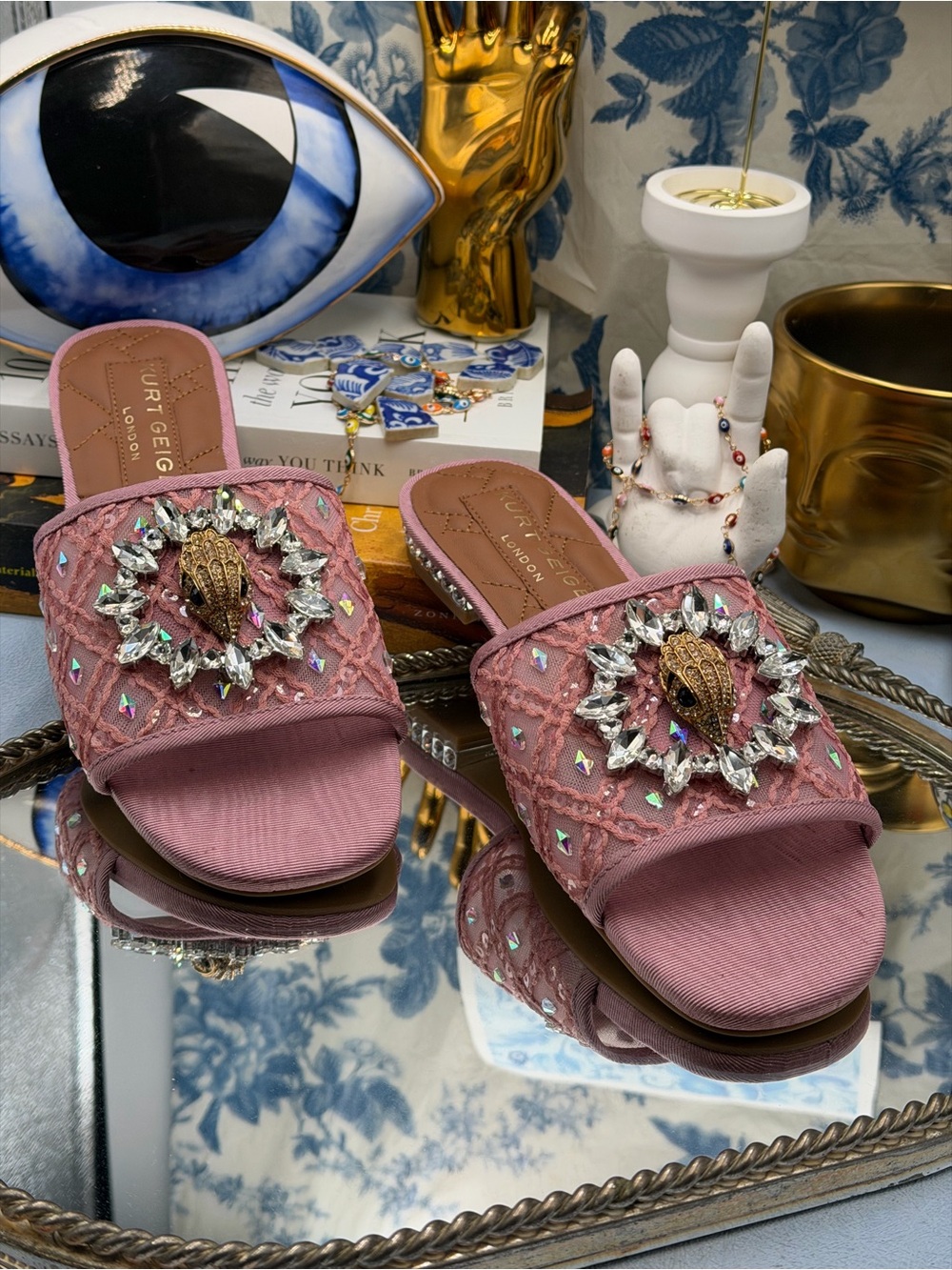 🆕 KURT GEIGER LONDON 🧿 NWOB Chelsea Flat Sandal, Pink Mesh Crystal, Sz 37 US 7 - Picture 5 of 14